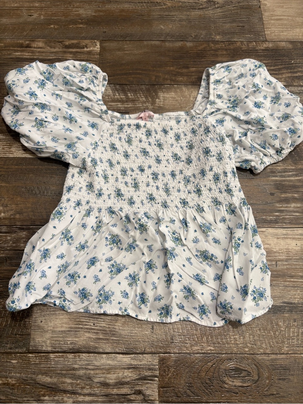 White Smocked Puff Sleeve Blouse with Blue Floral Print
